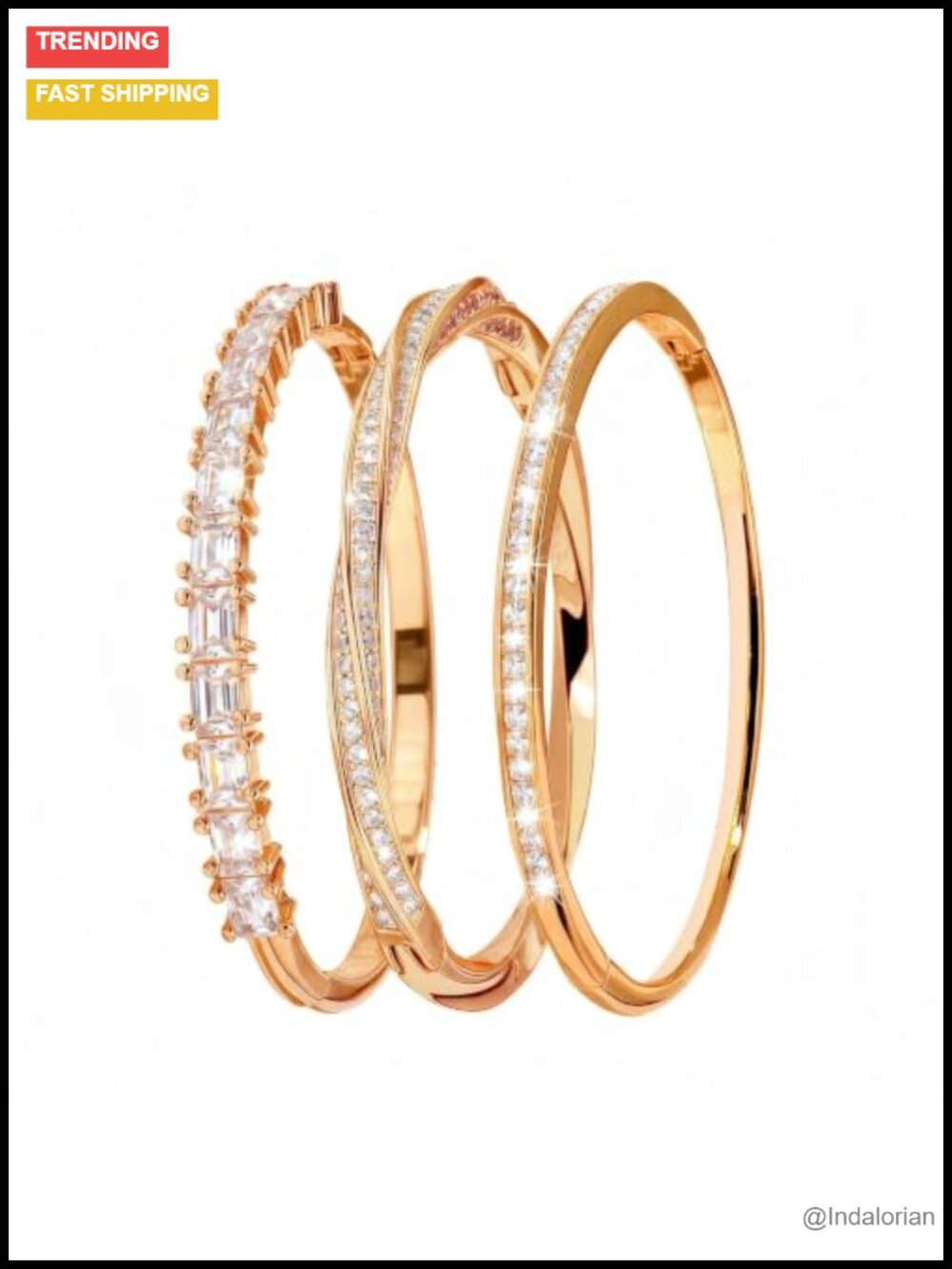Gold Plated 3 Pack Bangle Bracelet Set with Cubic Zirconia for Women